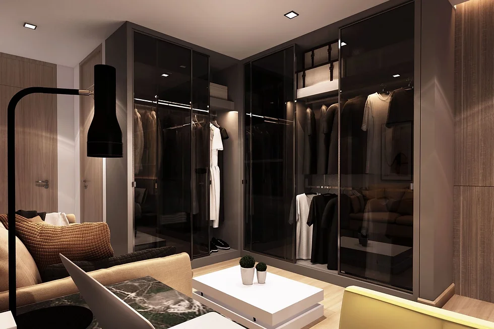 Black Wardrobe Design with Dark Reflective Glass